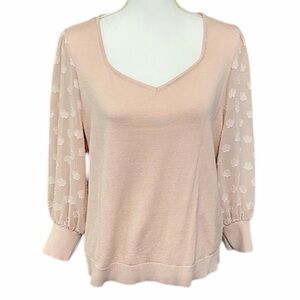 ADRIANNA PAPELL Light Pink Sheer Polka dot textured Sleeve Blouse Size Large EUC